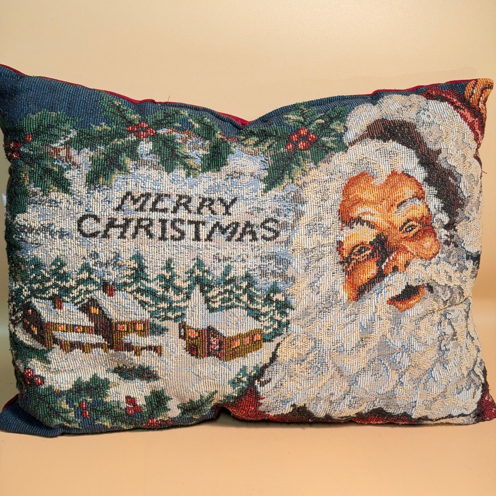 Unbranded Vintage Style Woven Santa Tapestry Merry Christmas Throw Pillow Red